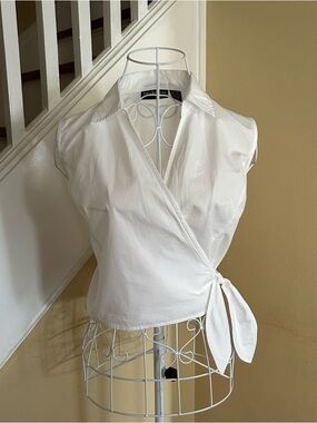 Style & Co. White Wrap Sleeveless Cropped Collared Cotton Blouse